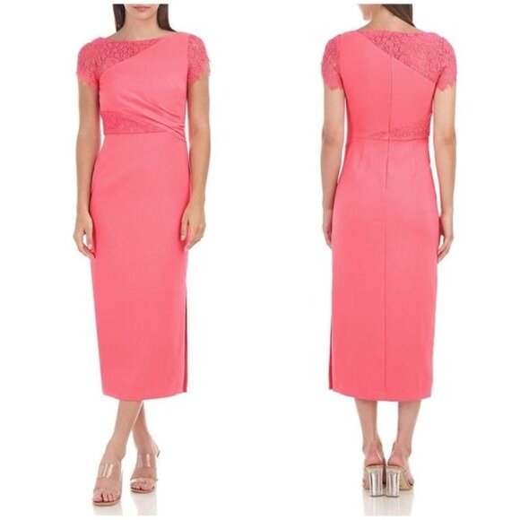New JS Collections Illusion Boat Neck Lace Insert Short Sleeve Sheath Dress 4 - Picture 2 of 13